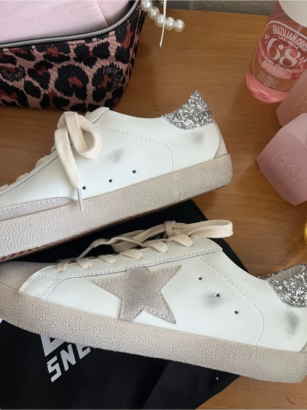 Golden Goose White Sneakers with Silver Glitter Heel and Gray Star